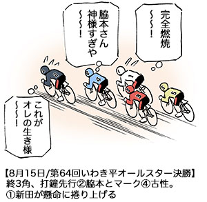 【8月15日/第64回いわき平オールスター決勝】終3角、打鐘先行②脇本とマーク④古性。①新田が懸命に捲り上げる